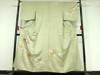 平和屋着物▽訪問着　単衣　駒刺繍　扇面花文　金糸　金彩　正絹　逸品　AABI7643jh