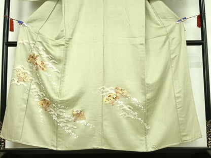 平和屋着物▽訪問着　単衣　駒刺繍　扇面花文　金糸　金彩　正絹　逸品　AABI7643jh