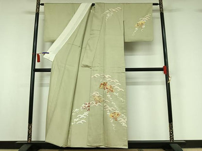 平和屋着物▽訪問着　単衣　駒刺繍　扇面花文　金糸　金彩　正絹　逸品　AABI7643jh