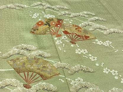 平和屋着物▽訪問着　単衣　駒刺繍　扇面花文　金糸　金彩　正絹　逸品　AABI7643jh