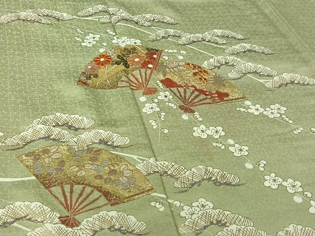 平和屋着物▽訪問着　単衣　駒刺繍　扇面花文　金糸　金彩　正絹　逸品　AABI7643jh