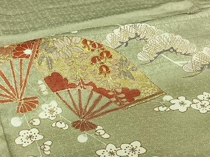 平和屋着物▽訪問着　単衣　駒刺繍　扇面花文　金糸　金彩　正絹　逸品　AABI7643jh