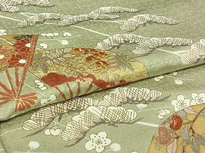 平和屋着物▽訪問着　単衣　駒刺繍　扇面花文　金糸　金彩　正絹　逸品　AABI7643jh