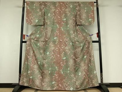 平和屋着物▽上質な小紋　単衣　草花文　正絹　逸品　AABI7646jh