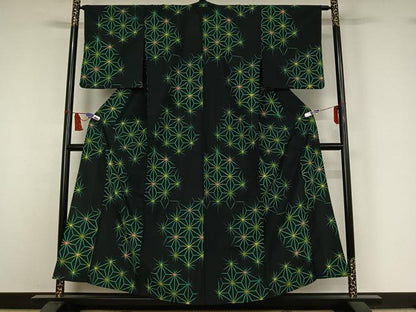 平和屋着物▽小紋　単衣　麻の葉文様　黒地　洗える着物　AABI7651jh