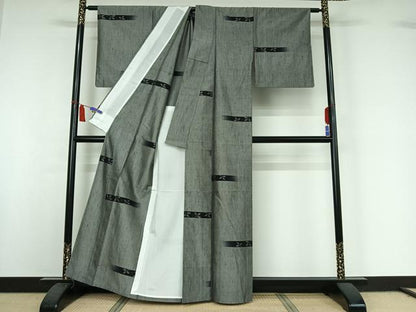 平和屋着物▽上質な紬　単衣　横段花文　正絹　逸品　AABI7654jh
