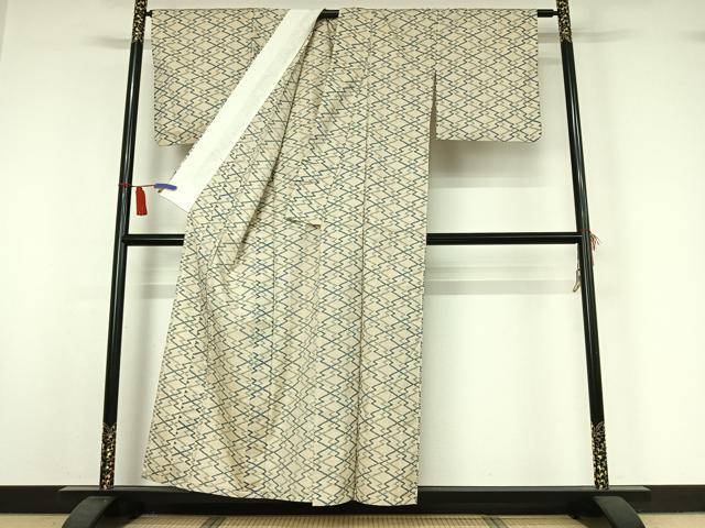平和屋着物▽上質な紬　単衣　松皮菱文　正絹　逸品　AABI7656jh