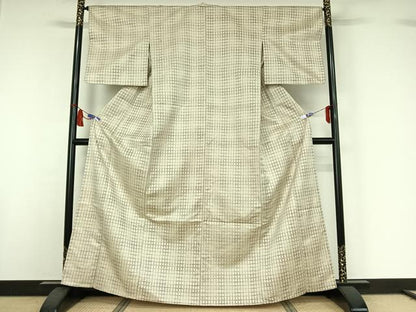 平和屋着物▽上質な紬　単衣　格子　正絹　逸品　AABI7657jh