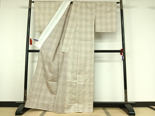 平和屋着物▽上質な紬　単衣　格子　正絹　逸品　AABI7657jh