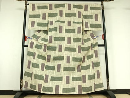 平和屋着物▽本塩沢　単衣　幾何学文様　正絹　逸品　AABI7659jh