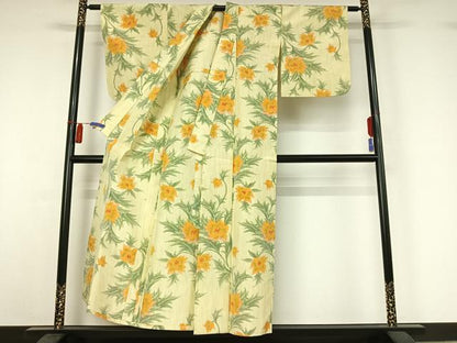 平和屋着物▽上質な紬　単衣　草花文　正絹　逸品　AABI7660jh