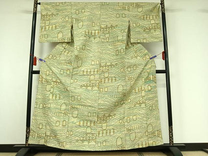平和屋着物▽上質な紬　単衣　風景文　正絹　逸品　AABI7661jh