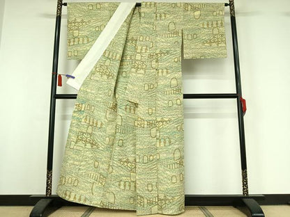 平和屋着物▽上質な紬　単衣　風景文　正絹　逸品　AABI7661jh