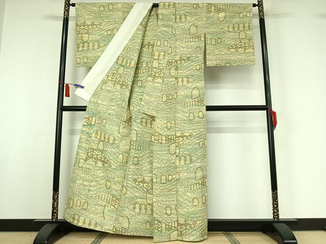 平和屋着物▽上質な紬　単衣　風景文　正絹　逸品　AABI7661jh