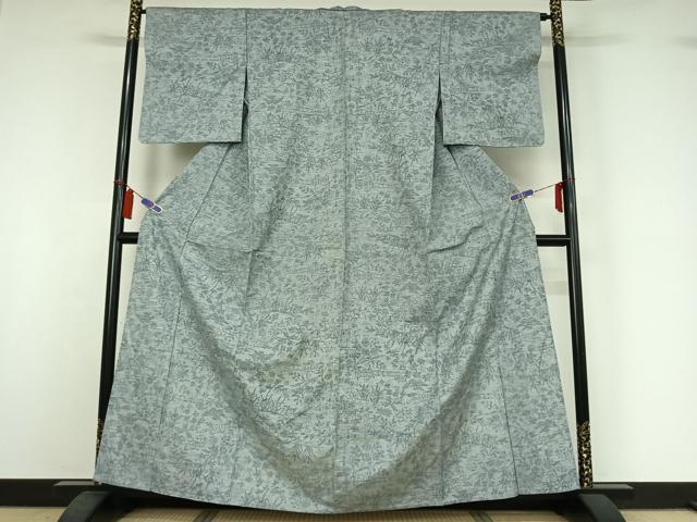 平和屋着物▽上質な紬　単衣　草花文　正絹　逸品　AABI7662jh