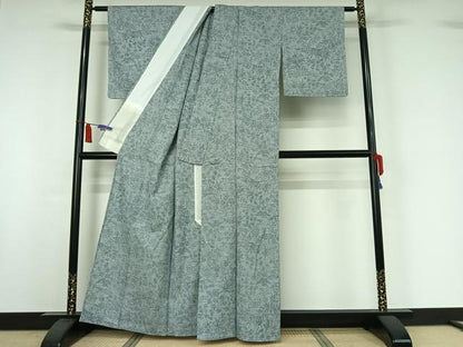 平和屋着物▽上質な紬　単衣　草花文　正絹　逸品　AABI7662jh