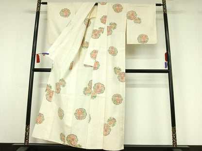 平和屋着物▽上質な紬　単衣　雪輪花文　正絹　逸品　AABI7663jh
