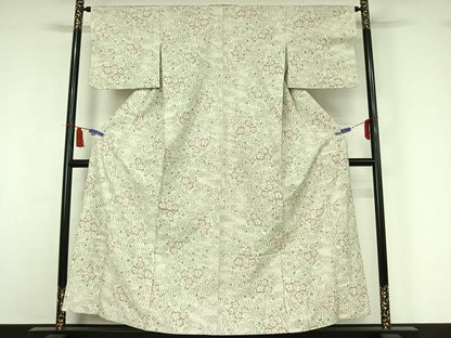 平和屋着物▽上質な紬　単衣　草花文　正絹　逸品　AABI7665jh