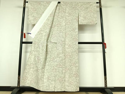 平和屋着物▽上質な紬　単衣　草花文　正絹　逸品　AABI7665jh