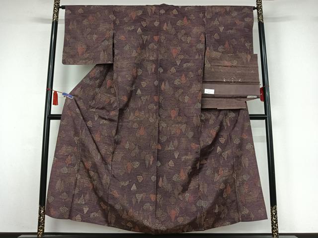 平和屋着物▽上質な紬　単衣　風景文　反端付き　正絹　逸品　AABI7670jh