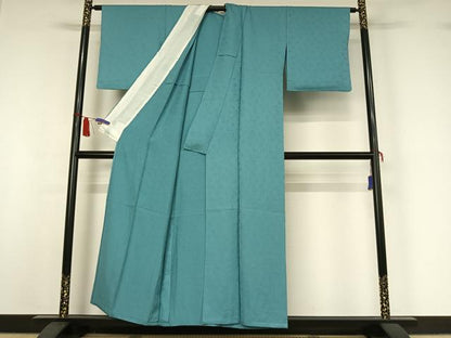 平和屋着物▽上質な色無地　単衣　草花文　新橋色　正絹　逸品　AABI7676jh