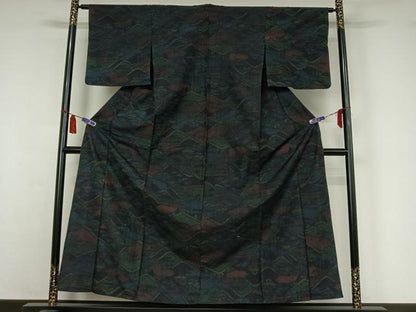 平和屋着物▽上質な紬　単衣　風景文　正絹　逸品　AABI7677jh