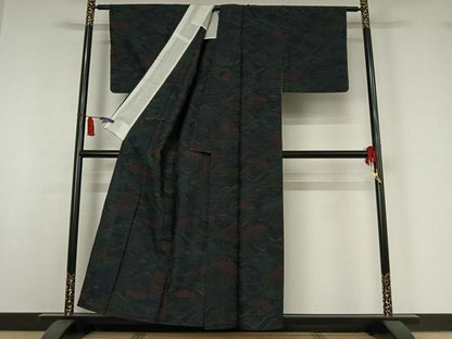 平和屋着物▽上質な紬　単衣　風景文　正絹　逸品　AABI7677jh