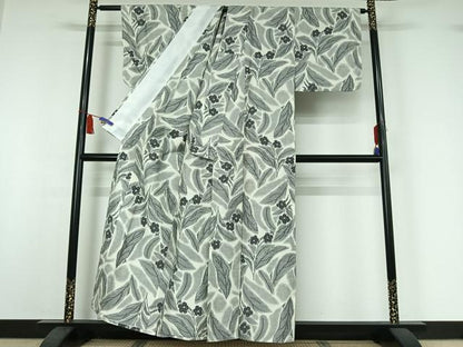 平和屋着物▽上質な紬　単衣　草花文　正絹　逸品　AABI7680jh