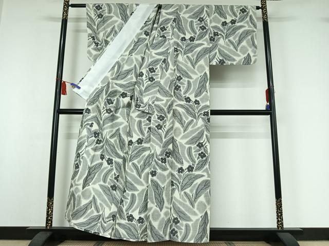 平和屋着物▽上質な紬　単衣　草花文　正絹　逸品　AABI7680jh