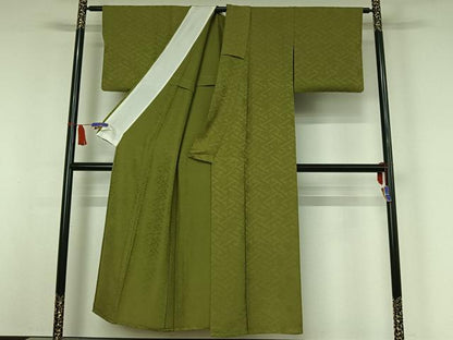 平和屋着物▽上質な色無地　単衣　紗綾形花地紋　青丹色　正絹　逸品　AABI7682jh