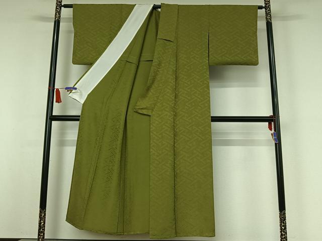 平和屋着物▽上質な色無地　単衣　紗綾形花地紋　青丹色　正絹　逸品　AABI7682jh