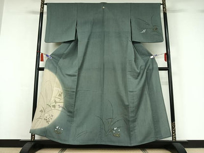 平和屋着物▽訪問着　単衣　紬地　手描き　草花文　金彩　正絹　逸品　AABI7687jh