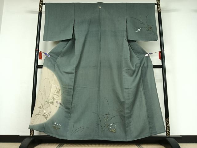 平和屋着物▽訪問着　単衣　紬地　手描き　草花文　金彩　正絹　逸品　AABI7687jh