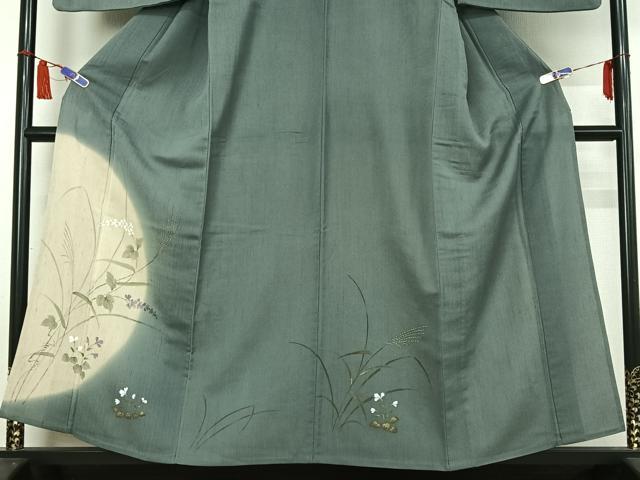 平和屋着物▽訪問着　単衣　紬地　手描き　草花文　金彩　正絹　逸品　AABI7687jh