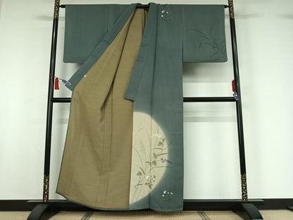 平和屋着物▽訪問着　単衣　紬地　手描き　草花文　金彩　正絹　逸品　AABI7687jh