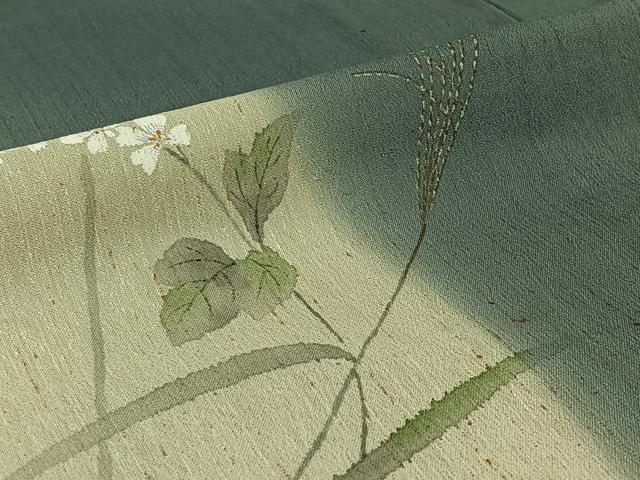 平和屋着物▽訪問着　単衣　紬地　手描き　草花文　金彩　正絹　逸品　AABI7687jh