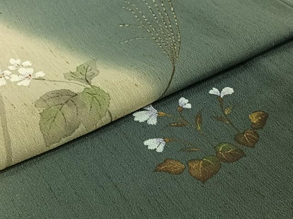 平和屋着物▽訪問着　単衣　紬地　手描き　草花文　金彩　正絹　逸品　AABI7687jh