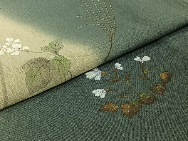 平和屋着物▽訪問着　単衣　紬地　手描き　草花文　金彩　正絹　逸品　AABI7687jh