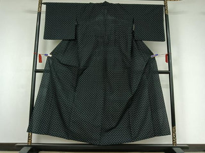 平和屋着物▽上質な紬　単衣　十字絣　黒地　正絹　逸品　AABI7689jh