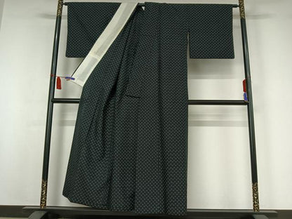平和屋着物▽上質な紬　単衣　十字絣　黒地　正絹　逸品　AABI7689jh