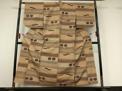 平和屋着物▽上質な紬　単衣　横段文　正絹　逸品　AABI7690jh