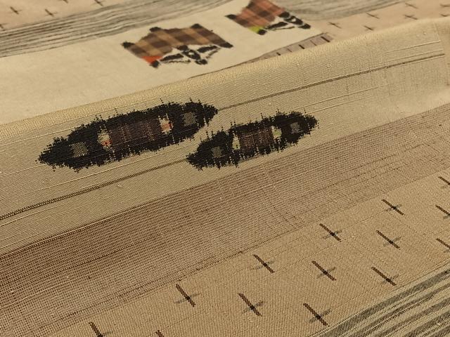 平和屋着物▽上質な紬　単衣　横段文　正絹　逸品　AABI7690jh