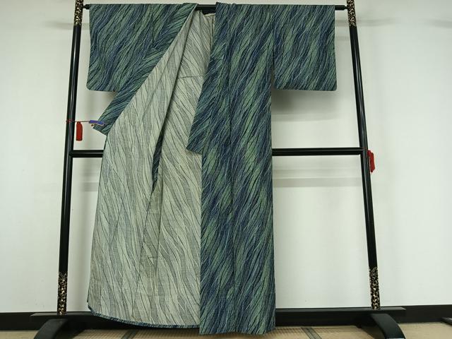平和屋着物▽上質な小紋　単衣　斜縞　正絹　逸品　AABI7694jh