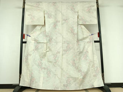 平和屋着物▽上質な紬　単衣　草花文　正絹　逸品　AABI7695jh
