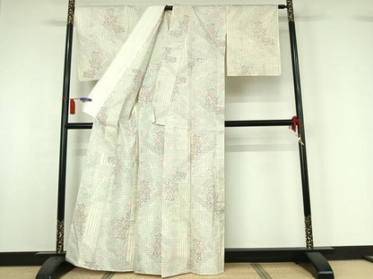 平和屋着物▽上質な紬　単衣　草花文　正絹　逸品　AABI7695jh