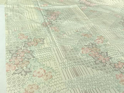 平和屋着物▽上質な紬　単衣　草花文　正絹　逸品　AABI7695jh