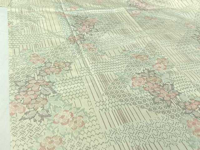 平和屋着物▽上質な紬　単衣　草花文　正絹　逸品　AABI7695jh