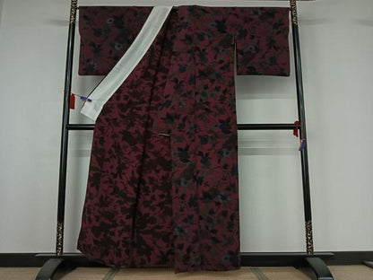 平和屋着物▽上質な小紋　単衣　草花文　反端付き　正絹　逸品　AABI7696jh