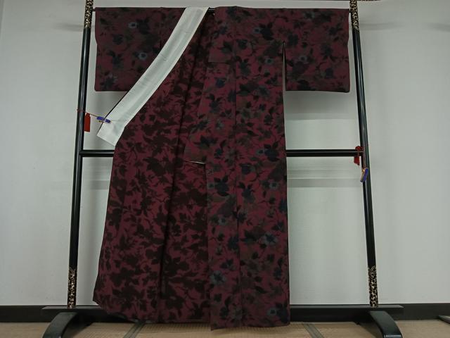 平和屋着物▽上質な小紋　単衣　草花文　反端付き　正絹　逸品　AABI7696jh