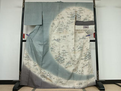平和屋着物▽染織の名門　しょうざん  生紬　訪問着　単衣　手描き　風景花文　暈し染め　反端付き　正絹　逸品　AABI7697jh